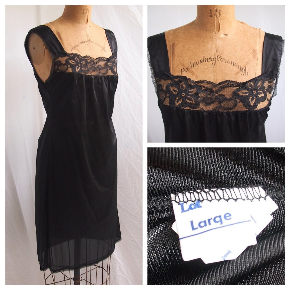 vtg 60s 70s Black LACE Short Sexy Nightgown Slip Dress L Sissy Pin-Up Retro EUC